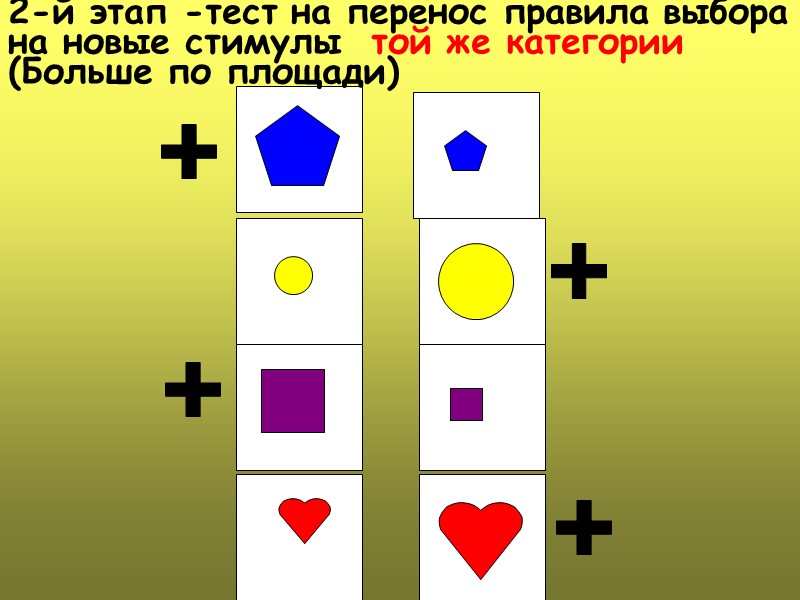 2-й этап -тест на перенос правила выбора на новые стимулы  той же категории
